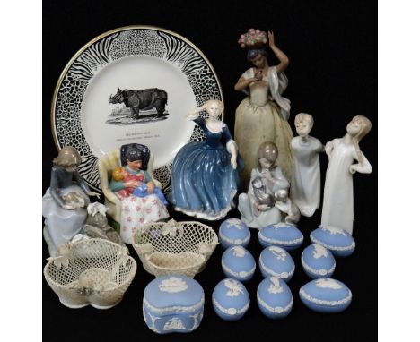 ASSORTED COLLECTORS CHINA, including pair Belleek trefoil baskets, 13cms diameter, ten Wedgwood jasperware boxes and covers, 