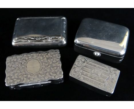 FOUR SILVER SNUFF BOXES comprising Edward VII rectangular engraved snuff box, Birmingham 1905, J H Hillcox, Edward VII rectan