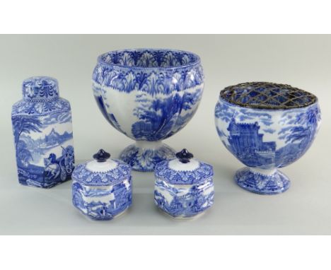 TWO CAULDON 'BLUE CHARIOTS' BLUE &amp; WHITE' PRINTED ROSEBOWLS, TEA CADDY &amp; PAIR COVERED JARS, largest rosebowl 15cms hi