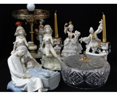 ASSORTED CONTINENTAL CHINA FIGURES, including pair bisque piano babies, pair 'House of Faberge' candlestick figures, Nao bedt