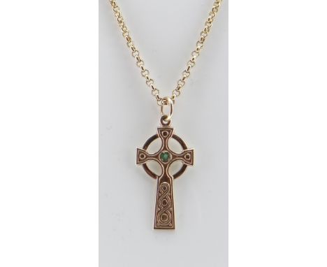 9CT GOLD PENDANT ON CHAIN, the pendant designed as a Celtic gem set cross, on 9ct chain, 52cms long, 7.8gms