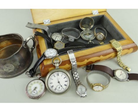 ASSORTED POCKET &amp; WRISTWATCHES comprising silver (800) and enamel open face pocket watch, Elgin railroad style open face 