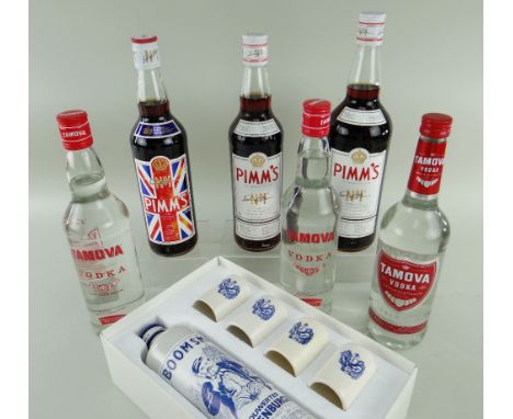 ASSORTED VODKA, PIMMS &amp; KRUIDENBITTER, including Aldi Tamora x 3, Pimms x 3 including a 1litre bottle, and boxed Boomsma 