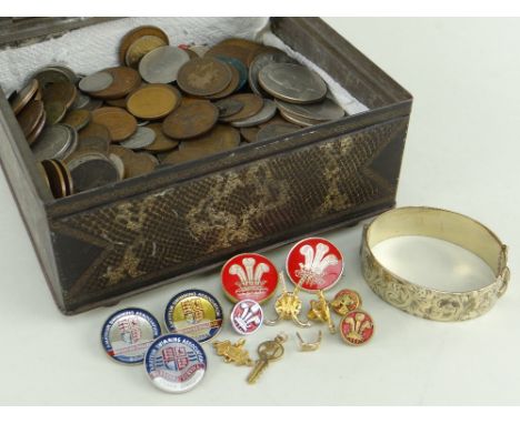 ASSORTED JEWELLERY &amp; COINS comprising gold plated bangle, plated earrings and swimming medals etc, together with all worl