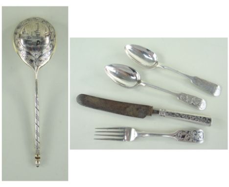 GROUP MID-19TH CENTURY RUSSIAN ENGRAVED SILVER FLATWARE, various makers and dates, including  a Russian silver gilt and niell