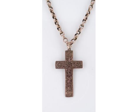 FLORALLY ENGRAVED CROSS PENDANT on 9ct gold chain, the chain weighing 6.9gmsThere is no damage.Very light surface scratches o