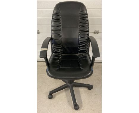 A modern style faux leather office chair with black plastic arms &amp; adjustable height.  