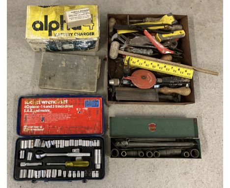 2 vintage socket sets, a car battery charger and a selection of hand tools.  To include pincers, grips, hand drill and pliers