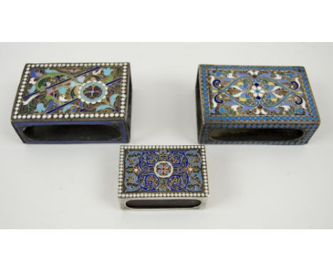 RUSSIAN MATCHBOX COVERS, three various, hallmarked silver and coloured enamel decoration, largest, 6cm L. (3)