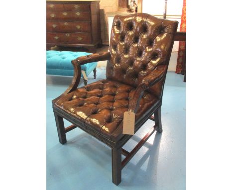 GAINSBOROUGH ARMCHAIR, George III design, mahogany, with padded tan brown leather button upholstered back, seat and arms, 70c