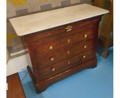 COMMODE, Louis Philippe, figured walnut, with four long drawers and veined white marble top, 96cm H x 118cm W x 50cm D.