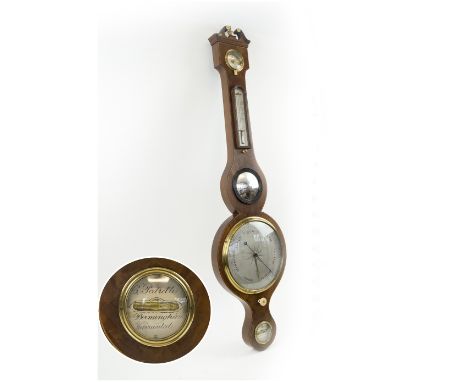 WHEEL BAROMETER, early 19th century mahogany with hydrometer, thermometer, convex mirror, silvered dial and spirit level, ins