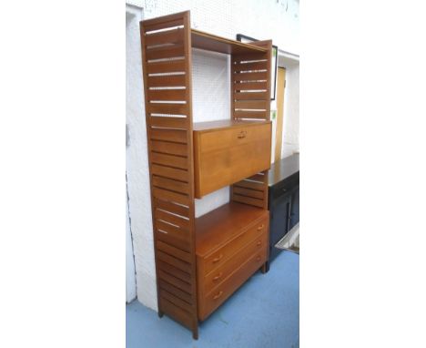 LADDERAX, a single stack, teak with secretaire cabinet, three drawer chest and shelf, 93cm W x 201cm H x 42cm D.