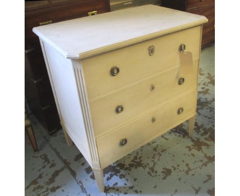 COMMODE, Gustavian style traditionally grey painted with three long drawers, 85cm H x 89cm x 47cm.
