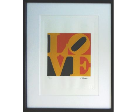 AFTER ROBERT INDIANA, 'Love', lithograph in red yellow and black on Arches paper, signed in the plate, 38cm x 28cm, framed an