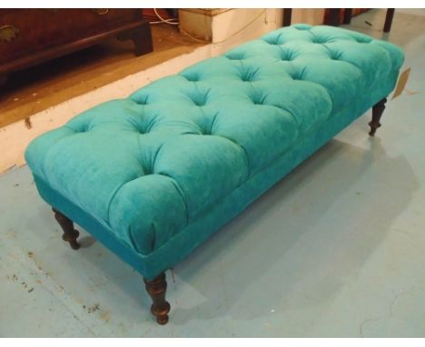 HEARTH STOOL, with turquoise button upholstered seat, turned legs, 124cm L x 46cm W x 40cm H.