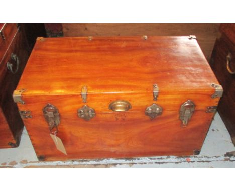 CAMPHORWOOD TRUNK, 19th century with a rising lid and metal fittings, 50cm D x 46cm H x 85cm W.