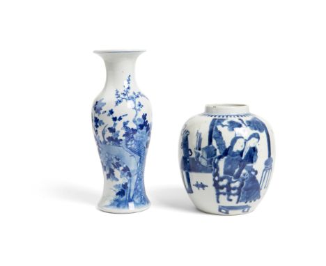 TWO BLUE AND WHITE WARES QING DYNASTY, 19TH CENTURY 清 康熙款 青花仕女圖罐及孔雀圖賞瓶（一組兩件） comprising: a ginger jar painted with ladies gat