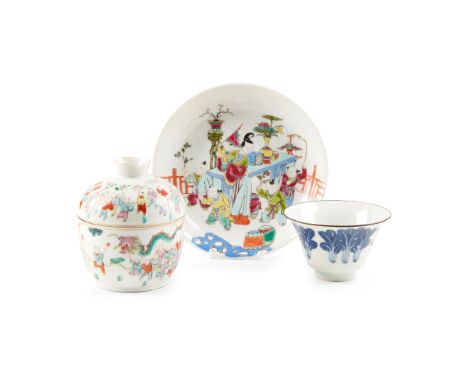 COLLECTION OF THREE PORCELAIN WARES LATE QING DYNASTY-REPUBLIC PERIOD, 19TH-20TH CENTURY 清末民初 粉彩百子戲春圖蓋罐、雍正款 仕女嬰戲紋碟 及 若深珍藏款 青花