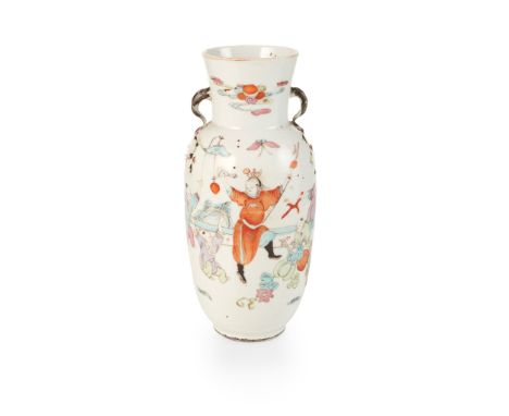 FAMILLE ROSE HANDLED VASE QING DYNASTY, 19TH CENTURY 清 粉彩歲朝嬰戲圖雙耳瓶 thinly potted, decorated on one side of the body with joyou