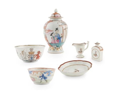 GROUP OF SIX FAMILLE ROSE WARES QING DYNASTY, 18TH CENTURY 清 各色外銷粉彩瓷器（一組六件） comprising: a set of three wares, including a fol