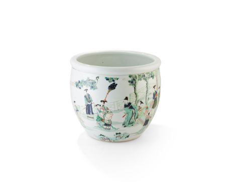 WUCAI BASIN QING DYNASTY, 19TH CENTURY 清 五粉人物故事紋大卷缸 sturdily potted on a countersunk foot, raised to a tapered globular body 