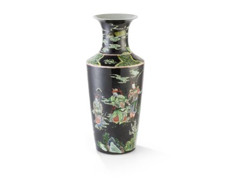 BLACK-GROUND FAMILLE VERTE BALUSTER VASE KANGXI MARK BUT LATER 康熙款 黑地綠彩人物紋瓶 painted with a series of warriors and generals wi