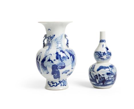 TWO BLUE AND WHITE VASES 19TH-20TH CENTURY 十九至二十世紀 康熙款 青花道教八仙葫蘆瓶 及 高士賞畫如意耳瓶 one of double gourd form painted with eight Daois