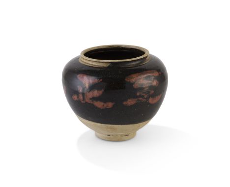 INSCRIBED 'CIZHOU' BLACK-GLAZED JAR YUAN DYNASTY, 1341AD 元 '至正元年'款及年代 磁州窯黑罐褐彩罐 supported on a short straight foot, the bulbou