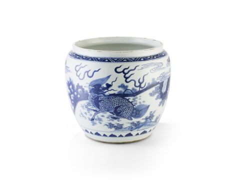 BLUE AND WHITE 'QILIN AND PHOENIX' BASIN QING DYNASTY, 19TH CENTURY 清 青花麒麟鳳凰紋缸 the deep bulbous body painted with a large pho