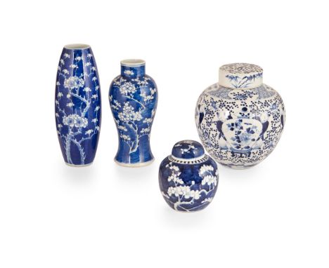 GROUP OF FOUR BLUE AND WHITE WARES 20TH CENTURY 二十世紀 青花冰梅紋瓶、橄欖瓶、與蓋罐 及 乾隆款 博古嬰戲圖蓋罐（一組四件） comprising: an oviform vase with a fo