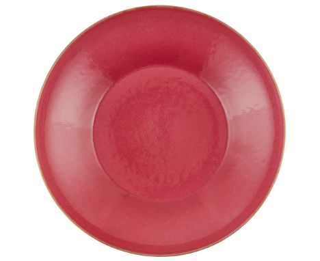 RUBY-RED-GLAZED DISH YONGZHENG MARK 雍正款 胭脂紅釉碟 thinly potted from a recessed foot, gently waisted body and straight rim, the i