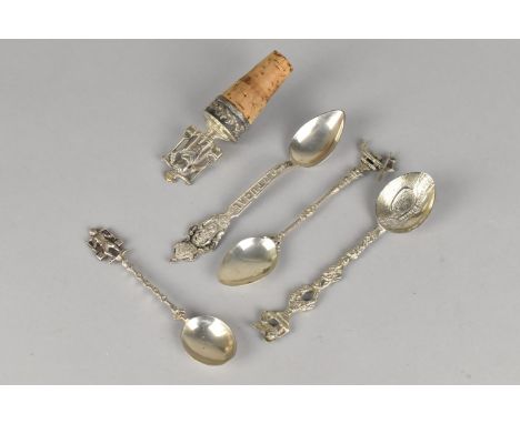 A Collection of Various Continental White Metal Souvenir Spoons and a Wine Saver