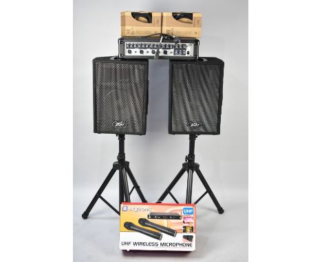 A Peavey PVi4B PA Mixer Amplifier with Pair of Speakers on Stands, Skytronic UHF Wireless Microphone Set and Guitar Cables