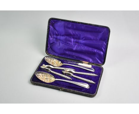 A Late 19th Century Silver Plated Berry Spoon and Nutcracker Set with Mother of Pearl Handled Nut Pick