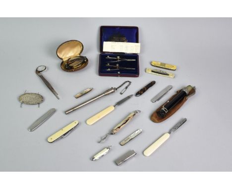 A Collection of Vintage Pocket Knives and Fruit Knives, Manicure Tools, Magnifying Tweezers, Folding Spectacles, Small Drawin
