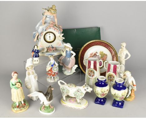 A Collection of Various English and Continental Ceramics to Comprise 19th century Staffordshire Polychrome Cow Creamer (AF), 