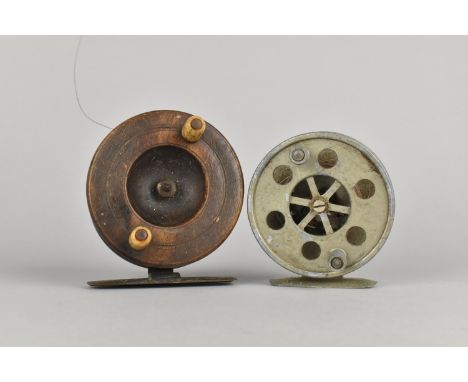 A Vintage Brass and Wooden Fly Fishing Reel together with a Metal Example 'The Bijou'