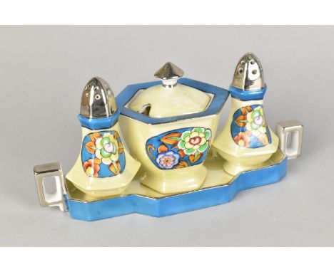An Art Deco Noritake Three Piece Cruet on Stand Decorated with Floral Cartouches on Cream Ground and Blue Trim
