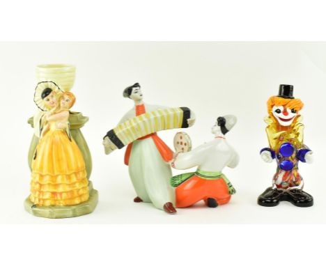 A collection of three vintage 1930s &amp; later Art Deco style ceramic and glass clowns. The lot comprising a Murano hand blo