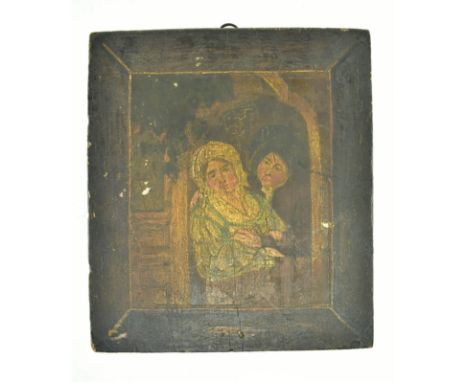 A naive 18th century continental, likely Eastern or Russian, orthodox oil on board painting. The painting depicting a nun &am