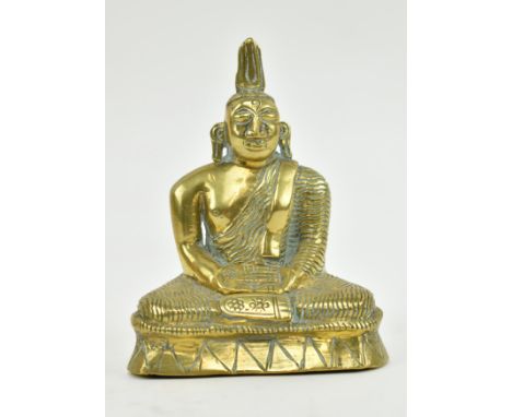 A 19th century Sri Lankan / Ceylonese brass Buddha statue for temple / shrine use. The Buddha presented in robes seated on pl