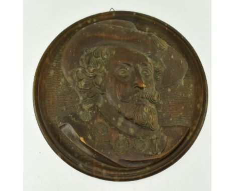 An early 20th century wooden wall plaque depicting Flemish artist Sir Peter Paul / Paulus Rubens (1577-1640). The depiction a