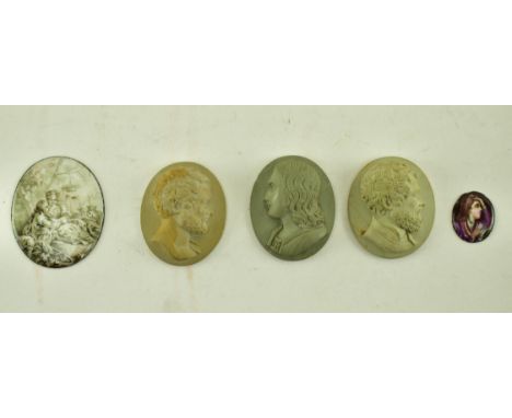 A collection of three early 19th century &amp; later lava cameos along with two enamelled&nbsp;plaques. The lava cameos depic