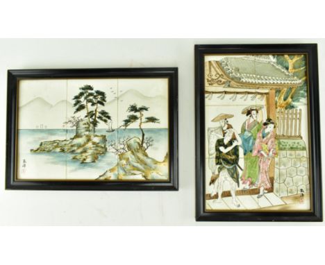 Two early 20th century Japanese tile paintings. One tile painting depicting four ladies in kimonos under a pagoda, the other 