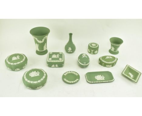 A collection of 20th century Wedgwood Jasperware. The items in sage green with white classical raised relief designs. The lot