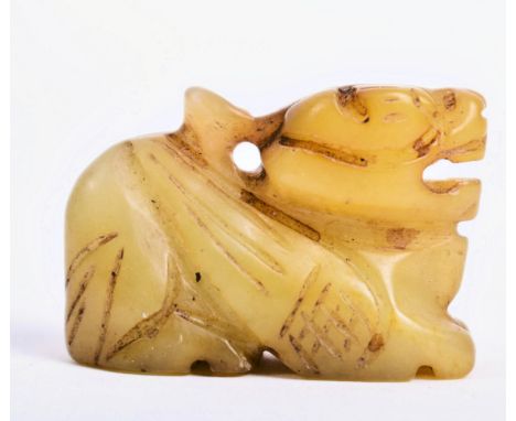 A Chinese Oriental Qing Dynasty hand carved jade Kylin amulet / pendant. Measures approx. 3cm x 4cm x 1.5cm.