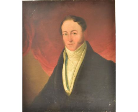 A Victorian 19th century oil on board portrait painting of a gentleman. The sitter wearing a white cravat and black high coll