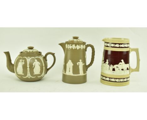An early 19th century Copeland jasperware hunting jug, along with a jasperware teapot and matched coffee jug. The Copeland pi