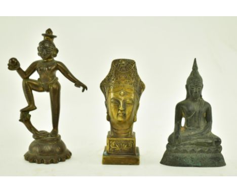 Three 20th century Hindu &amp; Buddhist cast metal temple figures. The lot comprising a Chinese Qing Dynasty bronze Buddha he